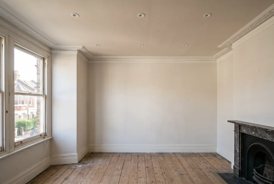 Clapham ceiling with new fire-rated downlights set out symmetrically