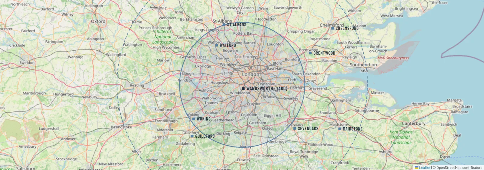 Coverage map: a same-day ring around the Wandsworth yard covering all of London, and an outer ring reaching St Albans, Watford, Chelmsford, Brentwood, Woking, Guildford, Sevenoaks and Maidstone