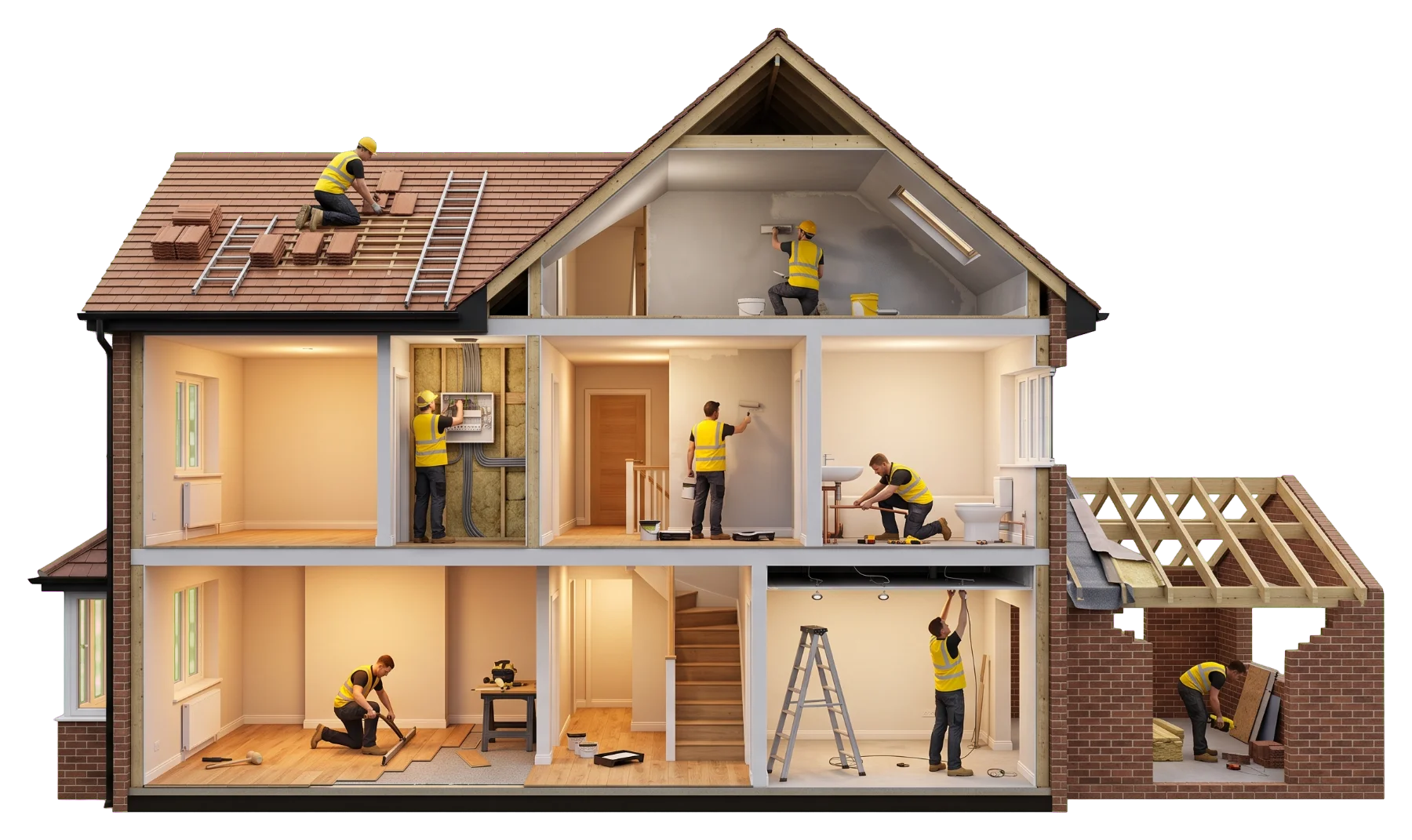 Cutaway of a house with our trades at work on every floor