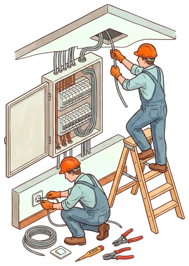 Electricians wiring a consumer unit and a new socket