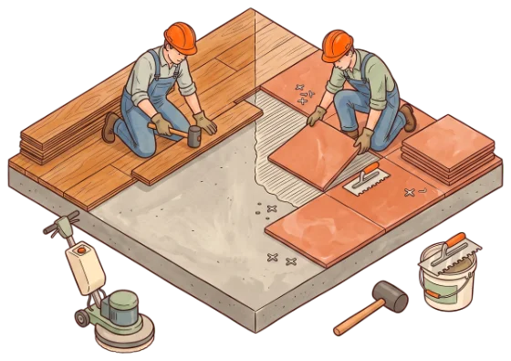 Floor layers setting tiles over a levelled subfloor