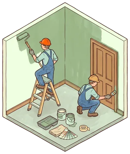Decorators rolling a wall and painting a panelled door