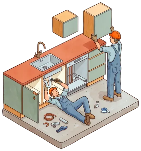 Plumber working under a kitchen sink while a fitter hangs a wall unit