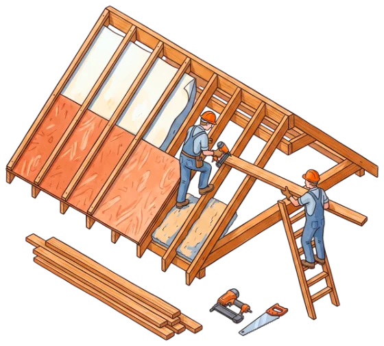 Roofers fitting rafters and insulation on a pitched roof