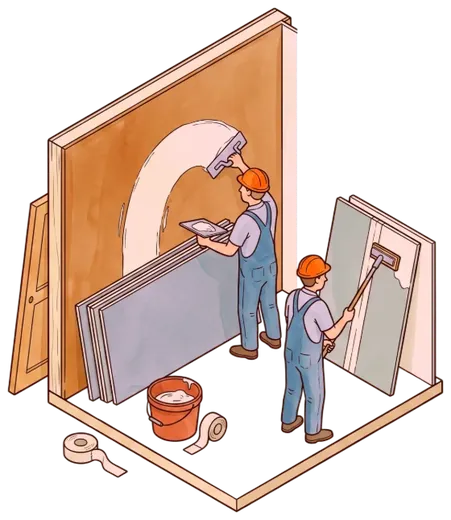 Plasterers boarding and skimming a stud wall